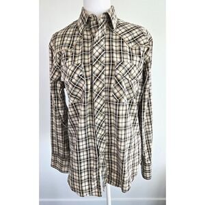Wrangler Shirt Mens Brown Plaid Long Sleeve Western Pearl Snap Casual Read Sz M